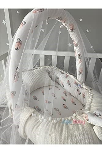 Jaju Baby Beyaz Örgü Pike Kumaş ve Tüy Desen Kumaş Ponponlu Babynest Oyuncak Aparat ve Tül Set