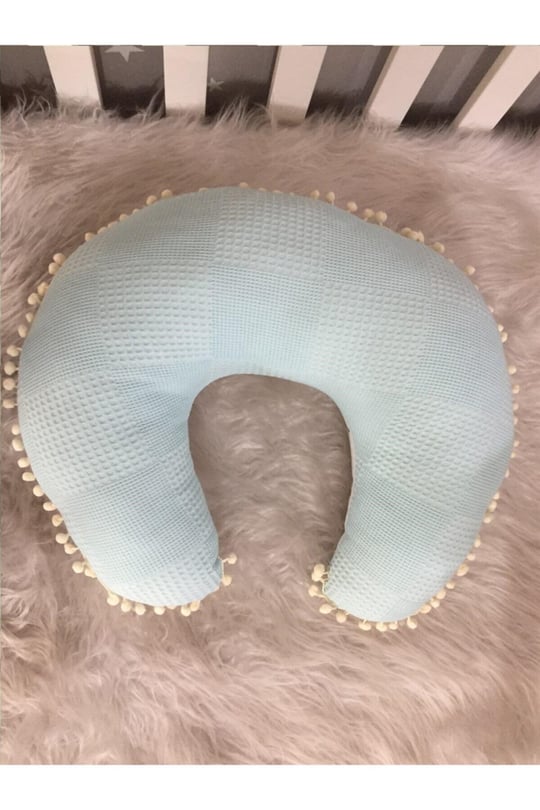 Jaju Baby Mavi Wafle Pike Kumaş Geyik Tasarım Ponponlu Emzirme Yastığı - Destek Minderi