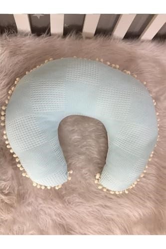 Jaju Baby Mavi Wafle Pike Kumaş Geyik Tasarım Ponponlu Emzirme Yastığı - Destek Minderi