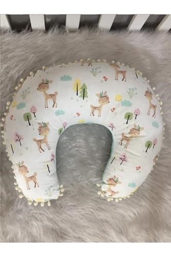 Jaju Baby Mavi Wafle Pike Kumaş Geyik Tasarım Ponponlu Emzirme Yastığı - Destek Minderi