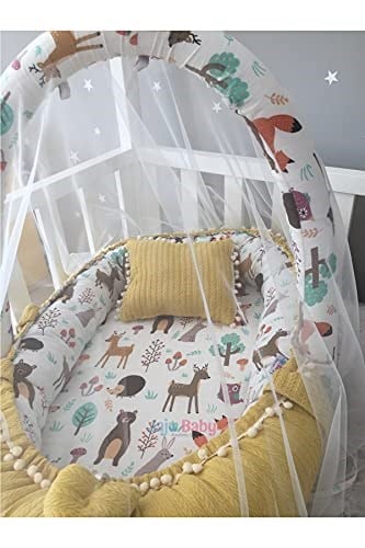 Jaju Baby Sarı Örgü Pike Kumaş ve Orman Müslin Kumaş Ponponlu Babynest Oyuncak Aparat ve Tül Set