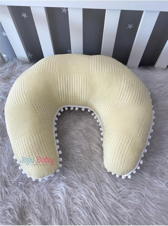 Jaju Baby Sarı Wafle Pike Kumaş Geyik Tasarım Ponponlu Emzirme Yastığı - Destek Minderi