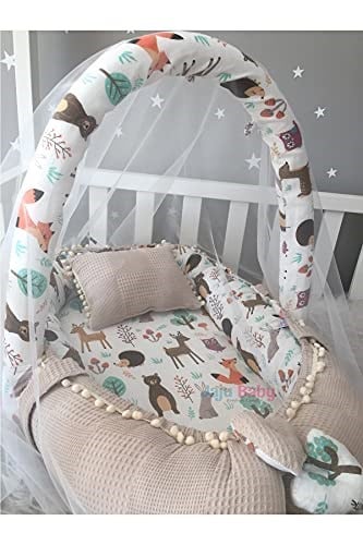 Jaju Baby Waffle Pike Kumaş ve Orman Müslin Kumaş Ponponlu Babynest Oyuncak Aparat ve Tül Set