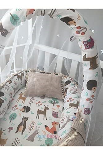 Jaju Baby Waffle Pike Kumaş ve Orman Müslin Kumaş Ponponlu Babynest Oyuncak Aparat ve Tül Set
