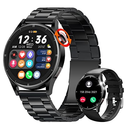 JELLOO Akıllı saat, erkek, telefon fonksiyonlu, fitness saati, erkek kol saati, Android ve iOS 1,32 inç HD yuvarlak dokunmatik ekran, erkek akıllı saat, 70 spor modu, fitness izleyici, tansiyon ölçümü