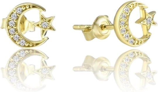 JELUX 925 Ayar Gümüş Zirkon Taşlı Ay Yıldız Çivili Gold Küpe