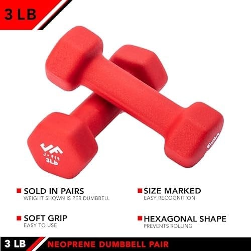 JFIT Dambıl El Ağırlığı Çiftleri ve Setleri - Neopren ve Vinil Dambıl Çiftleri Seçenekleri veya 7 Neopren Dambıl Raf Seti Seçenekleri - Premium Kaymaz, Renk Kodlu Altıgen Şekilli El Ağırlıkları