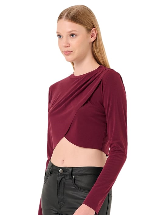 Jimmy Key Bordo Bisiklet Yaka Uzun Kollu Crop Bluz