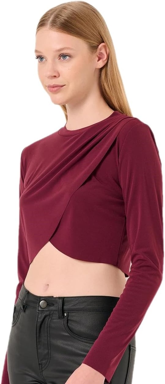 Jimmy Key Bordo Bisiklet Yaka Uzun Kollu Crop Bluz