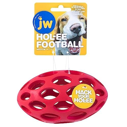JW Pet Hol-ee Futbol Köpek Oyuncak Bulmaca Topu, Doğal Kauçuk, Orta Boy (15 cm Uzunluk), Renkler Değişebilir - Seçenekler: Medium, L, Mini