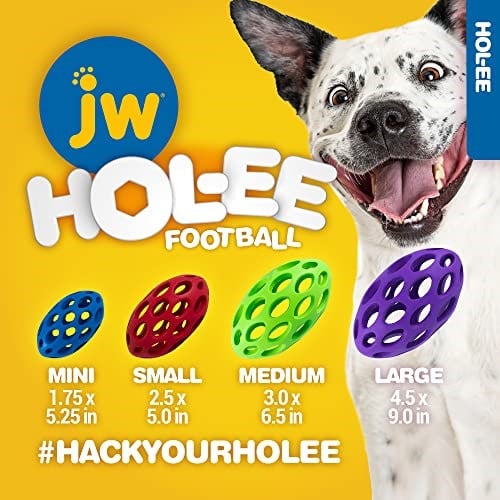 JW Pet Hol-ee Futbol Köpek Oyuncak Bulmaca Topu, Doğal Kauçuk, Orta Boy (15 cm Uzunluk), Renkler Değişebilir - Seçenekler: Medium, L, Mini