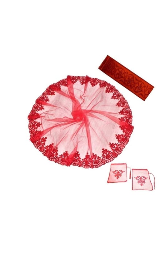 Kadife Simli Eldiven Ve 4 Parça Kemerli Duvak Gelin Yüz Örtüsü