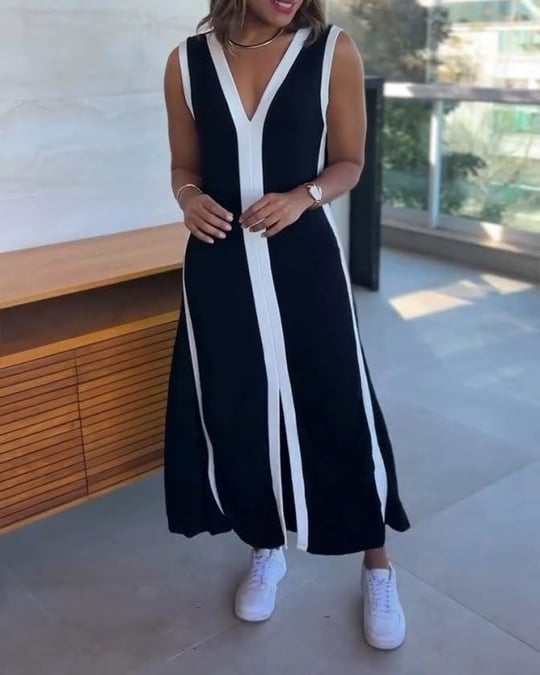 Kadın Askılı V Yakalı çift Renk şeritli önden Yırtmaçlı Uzun Viskon Elbise - Seçenekler: 2XL-3XL, S-M, L-XL