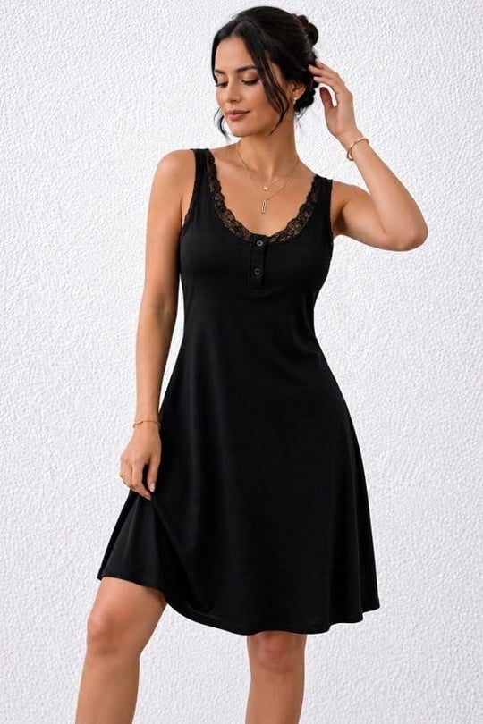 Kadın Askılı Yuvarlak Yakalı Düğme Detaylı Kısa Viskon Elbise - Seçenekler: 2XL-3XL, S-M