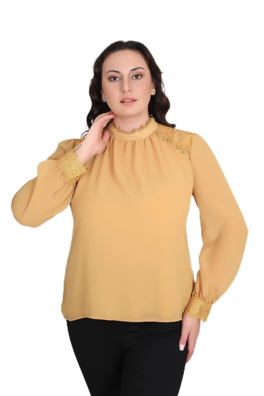 Kadın Büyük Beden Jessica Kumaş Sifon Kol Dantel Manşet Uzun Kol Bluz