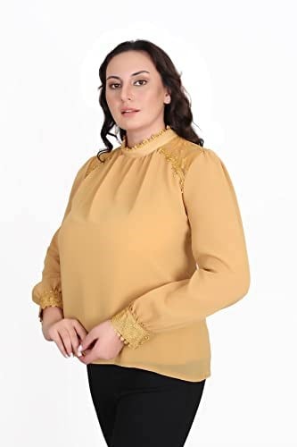Kadın Büyük Beden Jessica Kumaş Sifon Kol Dantel Manşet Uzun Kol Bluz