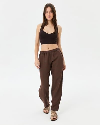 Kadın Easy West Pantolon - Bilek Boy, Paça Pens Detaylı, Keten Karışımı Kumaş, Günlük ve Hafif Spor Pilates/Yoga Kullanım İçin Rahat Pantolon - Bedenler: XS, S, M, L, XL