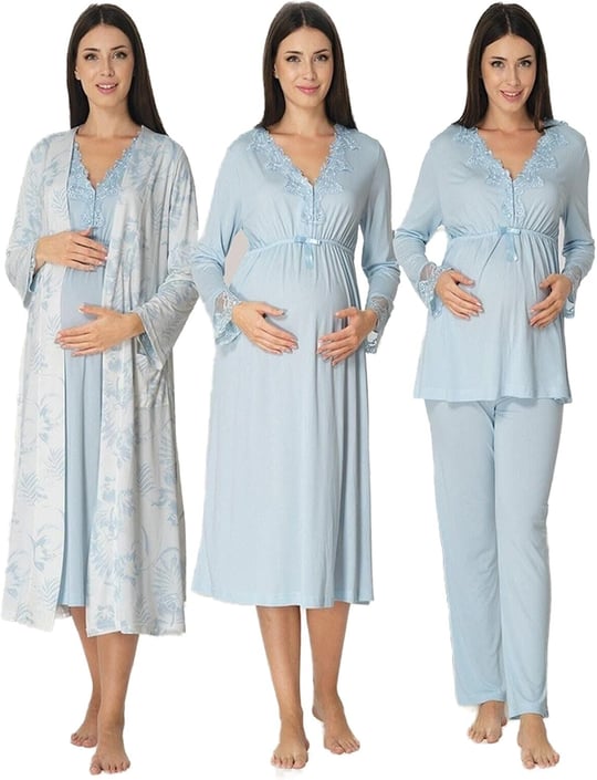 Kadın Ekru Hamle Lohusa Sabahlıklı Gecelik Ve Pjama Takımı 4lü Set