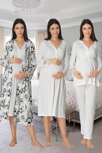 Kadın Ekru Hamle Lohusa Sabahlıklı Gecelik Ve Pjama Takımı 4lü Set