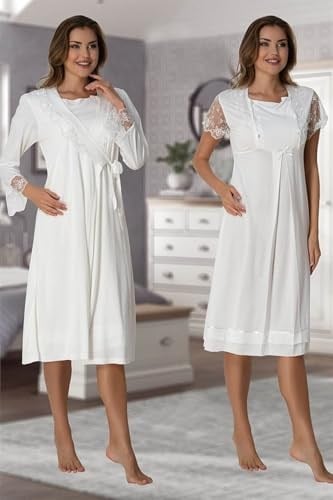Kadın Ekru Sabahlıklı Hamile-Lohusa Gecelik Takımı