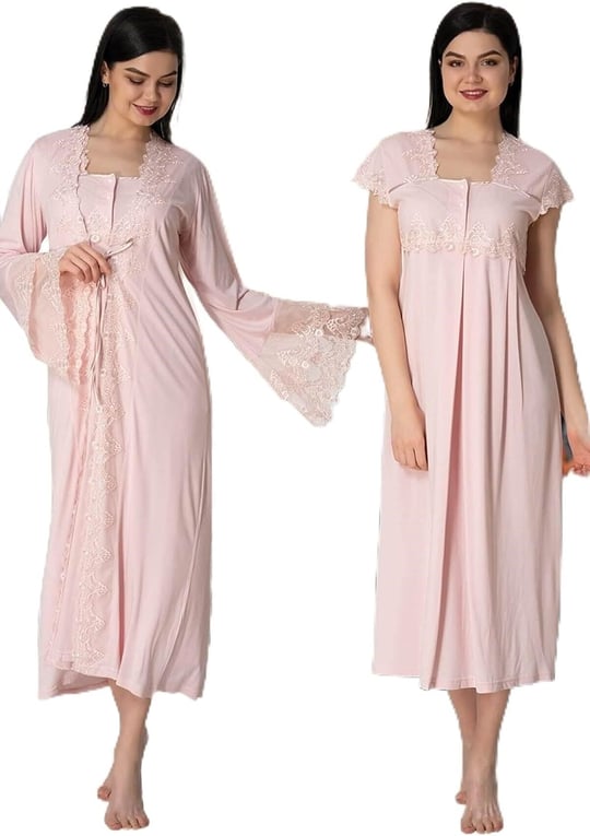 Kadın Ekru Uzun Prenses Sabahlıklı Sabahlıklı Hamile Lohusa Gecelik Takımı (Ekru / 2XL)
