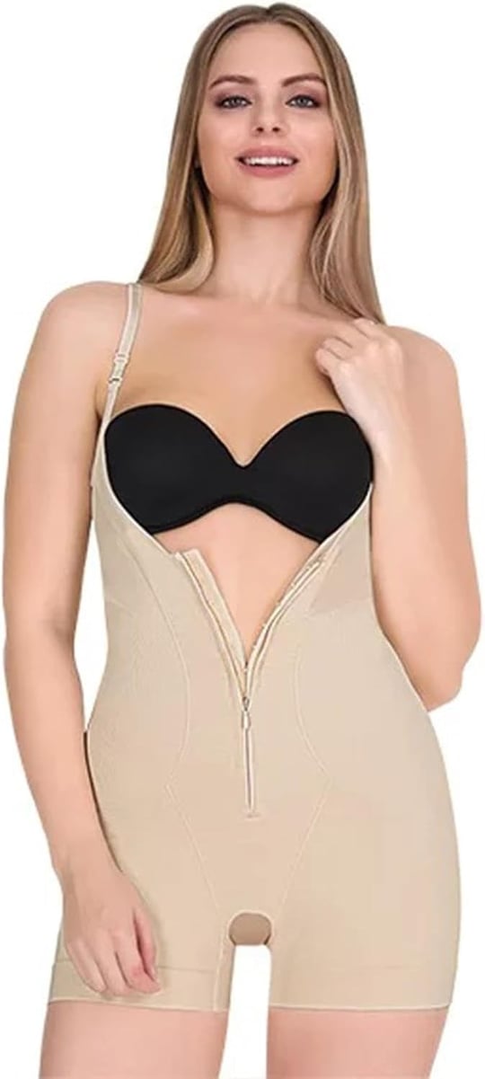 Kadın Fermuarlı Agraflı Askılı Büyük Beden Kısa Paça Ten Body Korse 9033