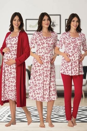 Kadın Gri Hamile Lohusa Sabahlıklı Gecelik Ve Pijama Takımı 4lü Set