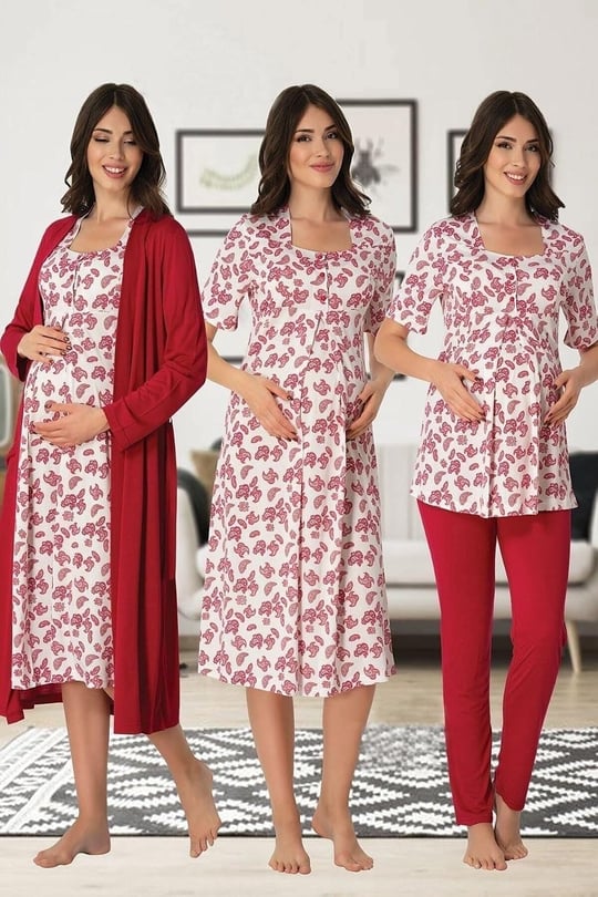 Kadın Gri Hamile Lohusa Sabahlıklı Gecelik Ve Pijama Takımı 4lü Set