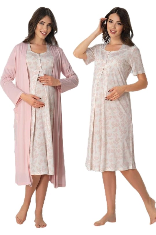 Kadın Gri Hamile Lohusa Sabahlıklı Gecelik Takım 2 Li Set (Gri / 2XL)