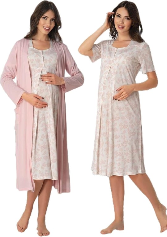 Kadın Gri Hamile Lohusa Sabahlıklı Gecelik Takım 2 Li Set (Gri / 2XL)