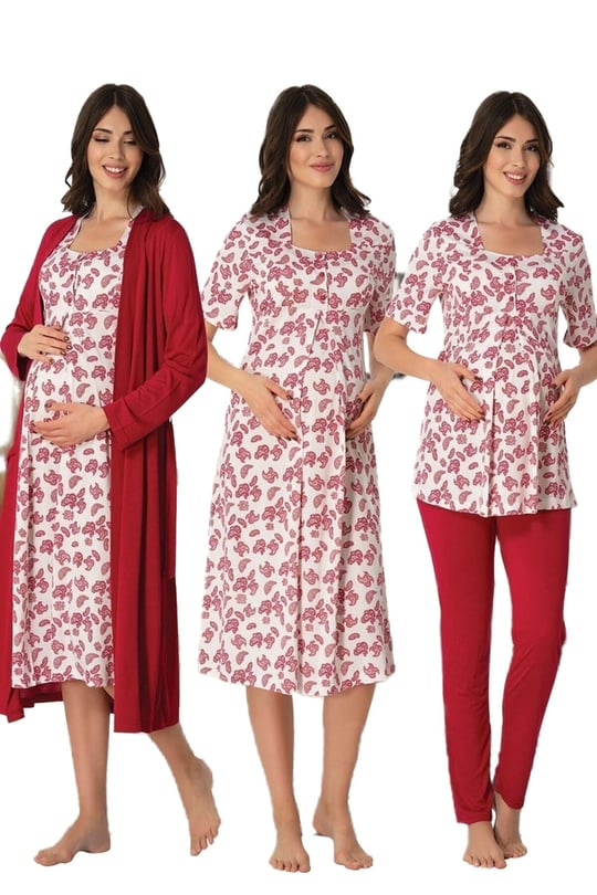 Kadın Gri Hamile Lohusa Sabahlıklı Gecelik Ve Pijama Takımı 4lü Set