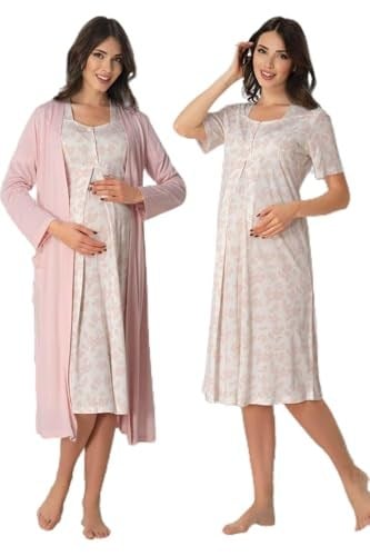 Kadın Gri Hamile Lohusa Sabahlıklı Gecelik Takım 2 Li Set (Gri / 2XL)