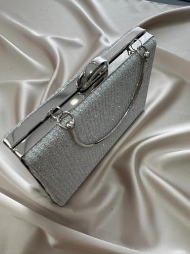 Kadın Gümüş Simli Abiye, Clutch Gece Çantası