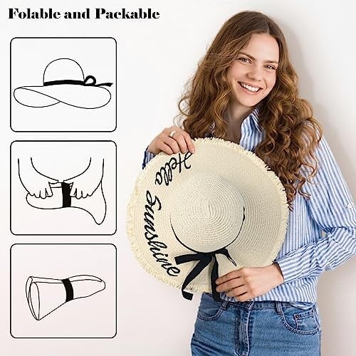 Kadın Hasır Güneş Plaj Şapkası Disket Geniş Kenarlı Katlanabilir Paketlenebilir Seyahat Tropikal Tatil Yaz UV Şapka, Krem Beyaz/Hello Sunshine, M-XL
