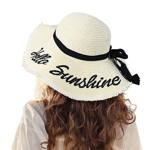 Kadın Hasır Güneş Plaj Şapkası Disket Geniş Kenarlı Katlanabilir Paketlenebilir Seyahat Tropikal Tatil Yaz UV Şapka, Krem Beyaz/Hello Sunshine, M-XL