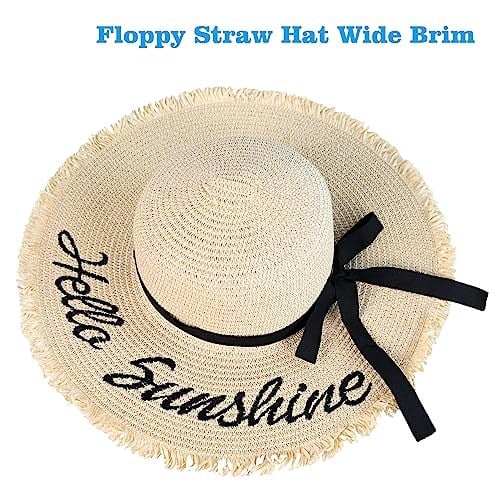 Kadın Hasır Güneş Plaj Şapkası Disket Geniş Kenarlı Katlanabilir Paketlenebilir Seyahat Tropikal Tatil Yaz UV Şapka, Bej/Hello Sunshine, M-XL