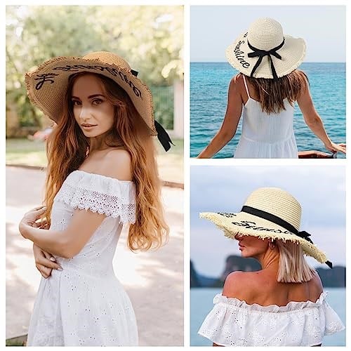 Kadın Hasır Güneş Plaj Şapkası Disket Geniş Kenarlı Katlanabilir Paketlenebilir Seyahat Tropikal Tatil Yaz UV Şapka, Bej/Hello Sunshine, M-XL