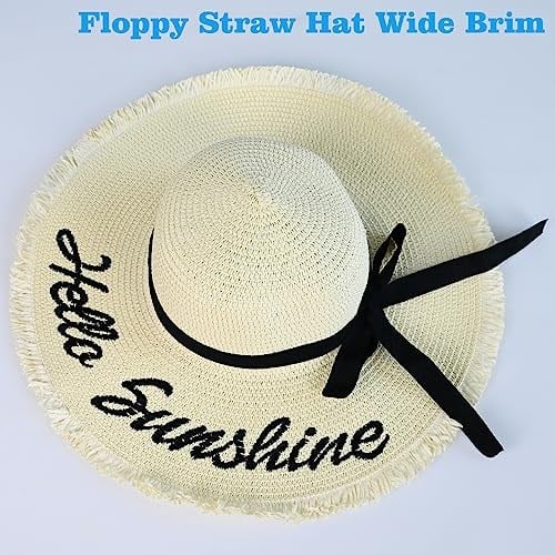 Kadın Hasır Güneş Plaj Şapkası Disket Geniş Kenarlı Katlanabilir Paketlenebilir Seyahat Tropikal Tatil Yaz UV Şapka, Krem Beyaz/Hello Sunshine, M-XL