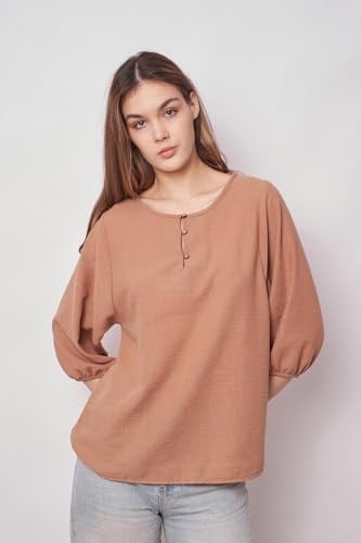 Kadın Keten Geniş Sıfır Yaka Yakası Düğmeli Kolları Lastikli Bluz -Camel