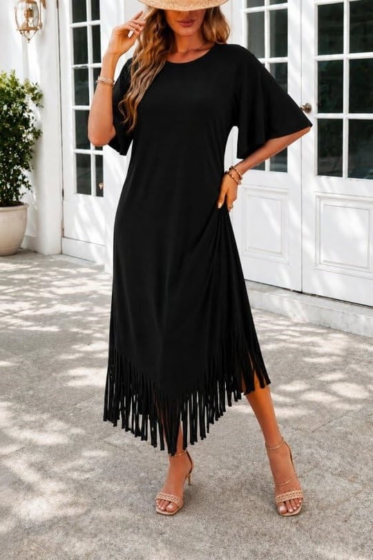 Kadın Kısa Kollu Bisiklet Yakalı Püskül Zikzak şekilli Midi Viskon Elbise - Seçenekler: 2XL-3XL, S-M