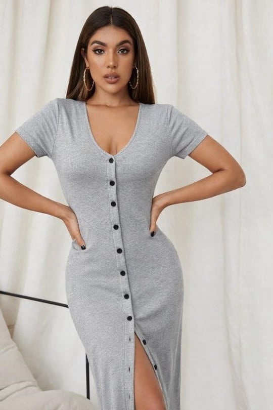 Kadın Kısa Kollu V Yakalı önden Düğme Detaylı Uzun Kaşkorse Elbise - Seçenekler: 2XL-3XL, S-M