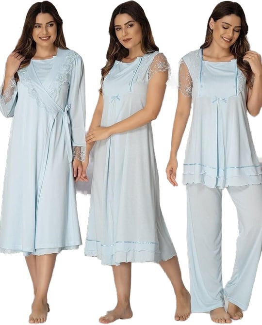 Kadın Mavi Hamile Lohusa Sabahlıklı Gecelik Ve Pijama Takım, L, ES2050EF-19804IGP252452