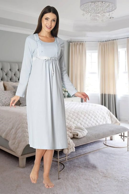 Kadın Mavi Lohusa Hamile Gecelik, XL, PIJEFF8083-86D0018320061