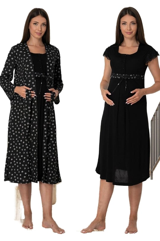 Kadın Mavi Sabahlıklı Hamile Lohusa Gecelik Takımı (Mavi / 2XL)-EF6015EF-19804IGP260207