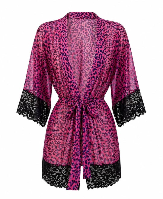 Kadın Mor Leopar Desenli Sabahlık Tanga Takım - 3596 Mor/Leopar L/XL