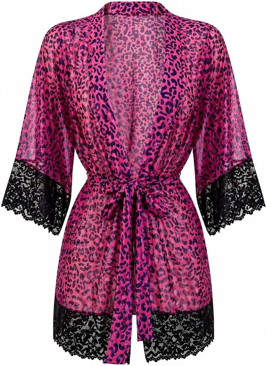 Kadın Mor Leopar Desenli Sabahlık Tanga Takım - 3596 Mor/Leopar L/XL