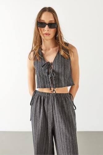 Kadın Önü Bağlamalı Keten Görünümlü Yelek - Siyah - Bedenler: XS, S, M, L, XL