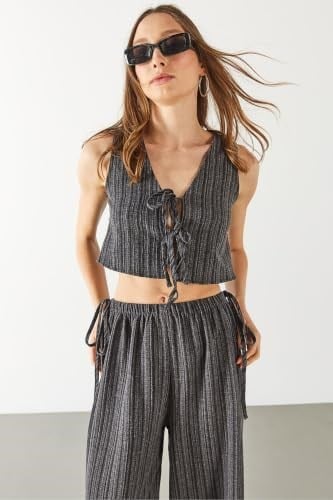 Kadın Önü Bağlamalı Keten Görünümlü Yelek - Siyah - Bedenler: XS, S, M, L, XL