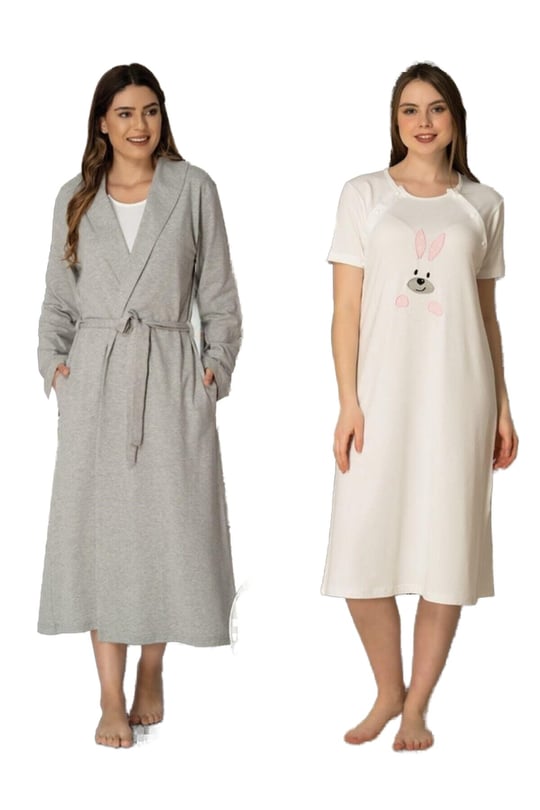 Kadın Pembe Tavşanlı Spor Sabahlıklı Hamile Lohusa Gecelik Takımı, 2XL, HW2071EF-19804IGP260346