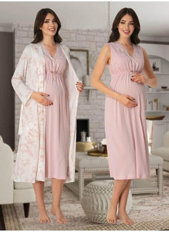 Kadın Pudra Pembe Hamile Lohusa Sabahlık Ve Gecelik Takım, L, BS8035EF-86D0018320429